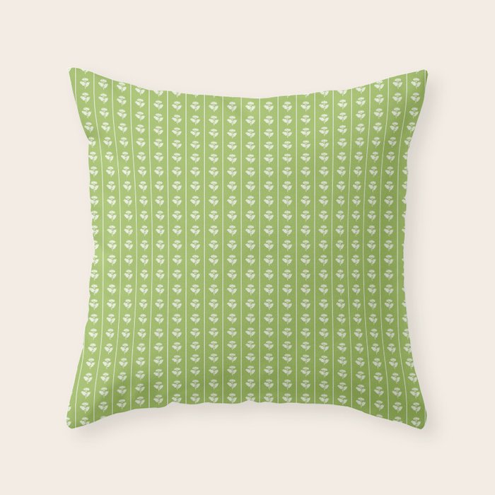Vintage Cottage Flowers and Stripes Pattern in Light Green Throw Pillow Gallery Image 1