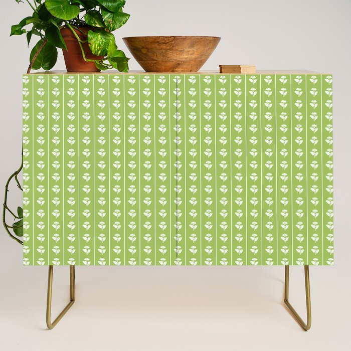 Vintage Cottage Flowers and Stripes Pattern in Light Green Credenza Gallery Image 1