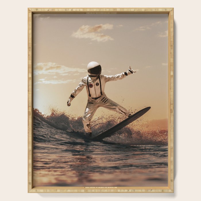 Space Surfer - Futuristic Surf Photo Art Print - Astronaut Riding a Wave Serving Tray Gallery Image 1