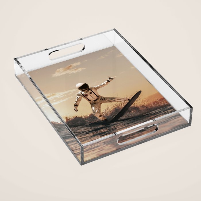 Space Surfer - Futuristic Surf Photo Art Print - Astronaut Riding a Wave Acrylic Tray Gallery Image 1