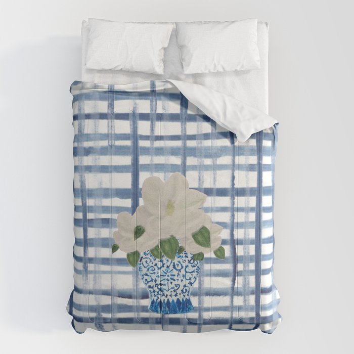 Watercolor Gingham Magnolias Ginger Jar Painting  Comforter Gallery Image 6