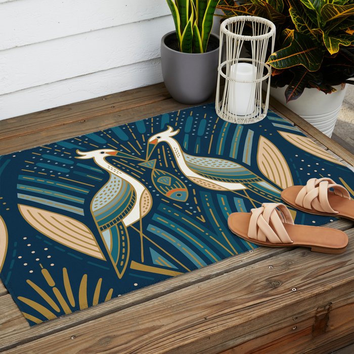 Art Deco Herons - Blue Outdoor Rug Gallery Image 2