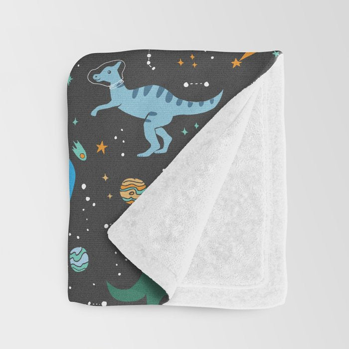 Dinosaurs in Space in Blue Throw Blanket Gallery Image 3