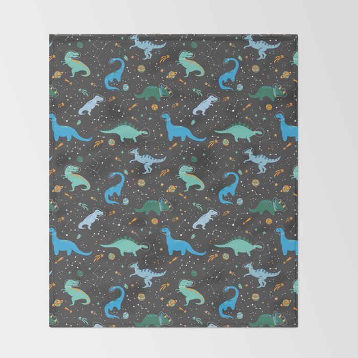 Dinosaurs in Space in Blue Throw Blanket Gallery Image 2