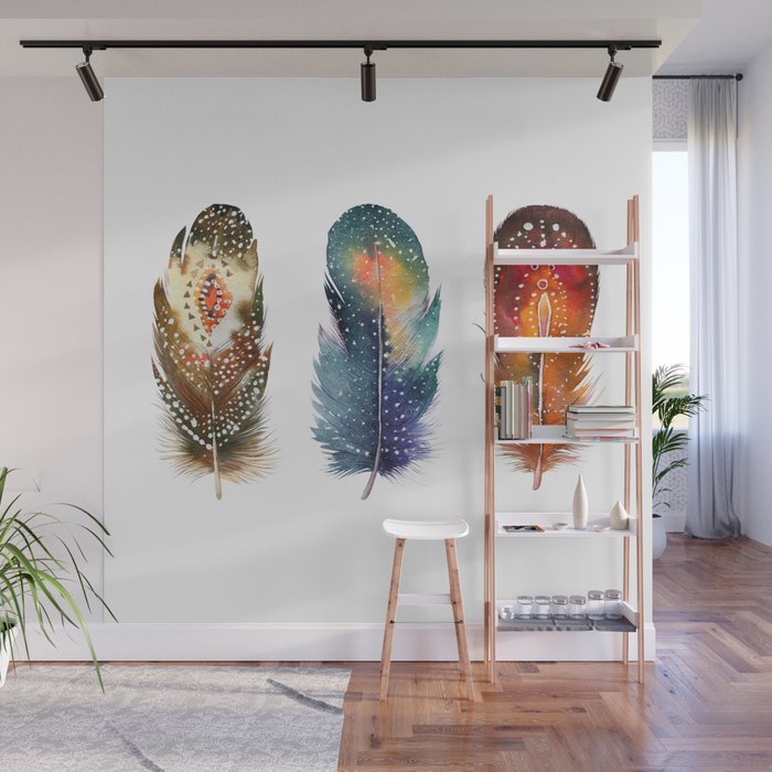 Colorful Magical Mystical Feathers Watercolor Painting Nature Tribal Patterns White Background Wall Mural Gallery Image 1