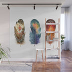 Colorful Magical Mystical Feathers Watercolor Painting Nature Tribal Patterns White Background Wall Mural Gallery Image 1