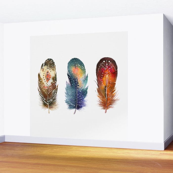 Colorful Magical Mystical Feathers Watercolor Painting Nature Tribal Patterns White Background Wall Mural Gallery Image 2