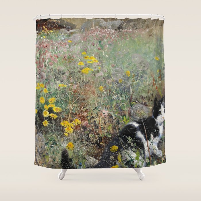 Cat On A Flowerbed by Bruno Liljefors Shower Curtain Gallery Image 1