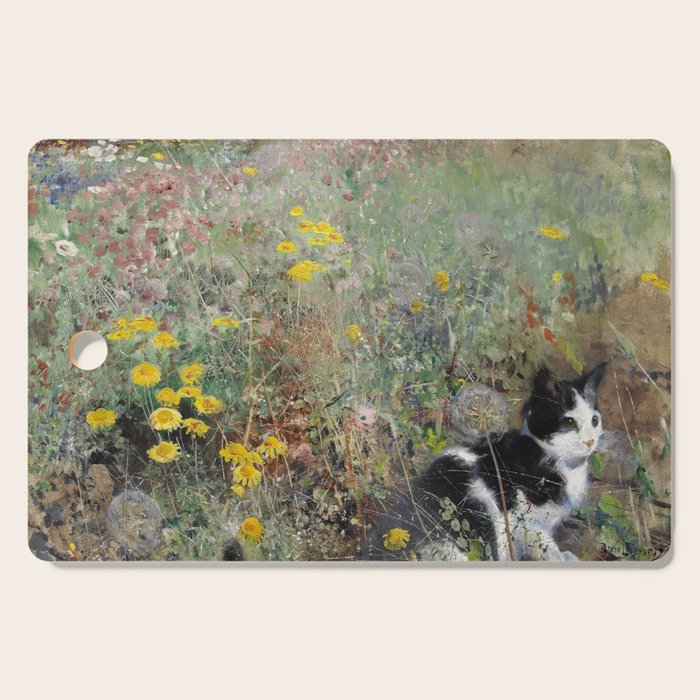 Cat On A Flowerbed by Bruno Liljefors Cutting Board Gallery Image 1
