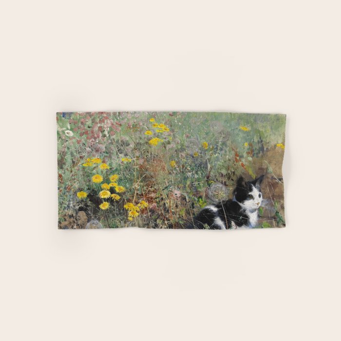 Cat On A Flowerbed by Bruno Liljefors Bath Towel Gallery Image 1
