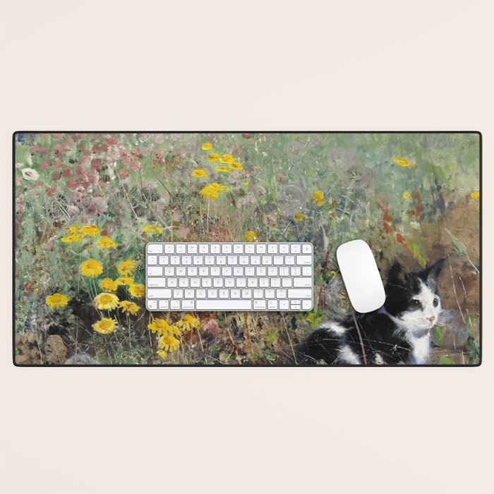 Cat On A Flowerbed by Bruno Liljefors Desk Mat Gallery Image 1