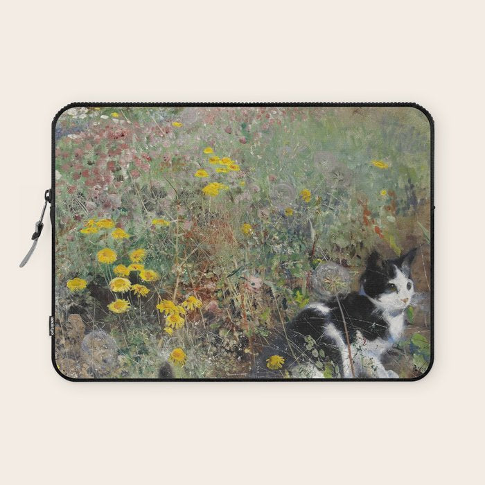Cat On A Flowerbed by Bruno Liljefors Laptop Sleeve Gallery Image 1