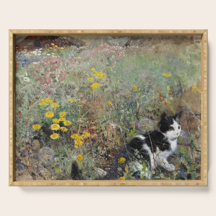 Cat On A Flowerbed by Bruno Liljefors Serving Tray Gallery Image 1