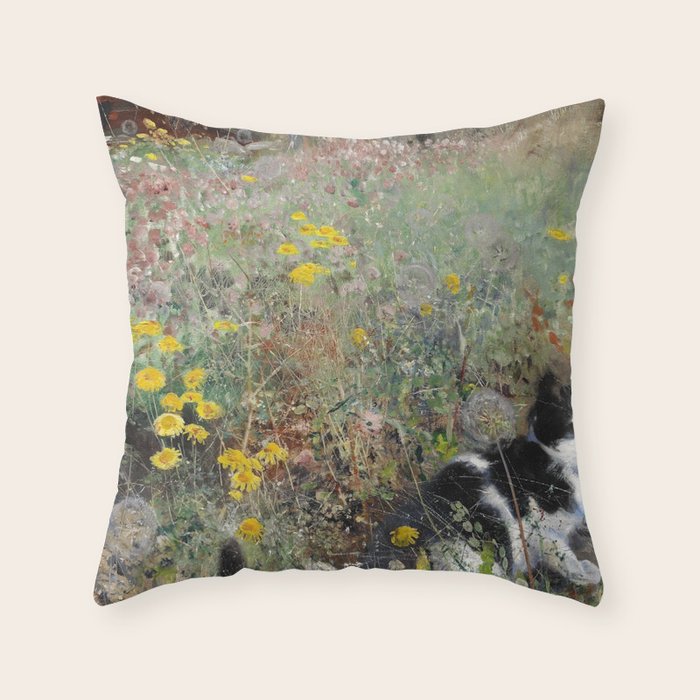 Cat On A Flowerbed by Bruno Liljefors Throw Pillow Gallery Image 1