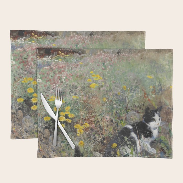 Cat On A Flowerbed by Bruno Liljefors Placemat Gallery Image 1