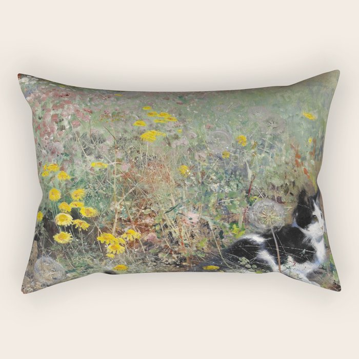 Cat On A Flowerbed by Bruno Liljefors Rectangular Pillow Gallery Image 2