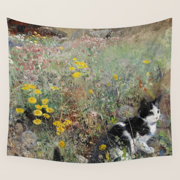 Cat On A Flowerbed by Bruno Liljefors Wall Tapestry Gallery Image 4