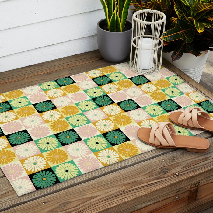 Retro Flowers Check Pattern XXV Outdoor Rug Gallery Image 2