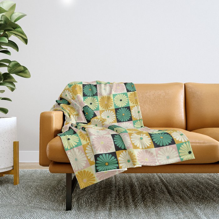 Retro Flowers Check Pattern XXV Throw Blanket Gallery Image 1