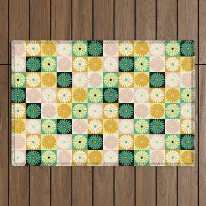 Retro Flowers Check Pattern XXV Outdoor Rug Gallery Image 1
