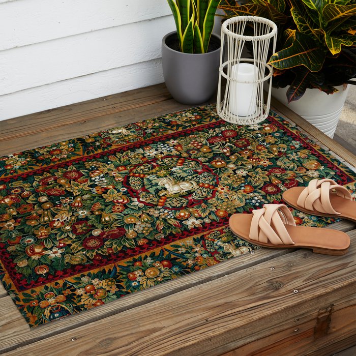 Medieval Unicorn Midnight Floral Garden Outdoor Rug Gallery Image 2