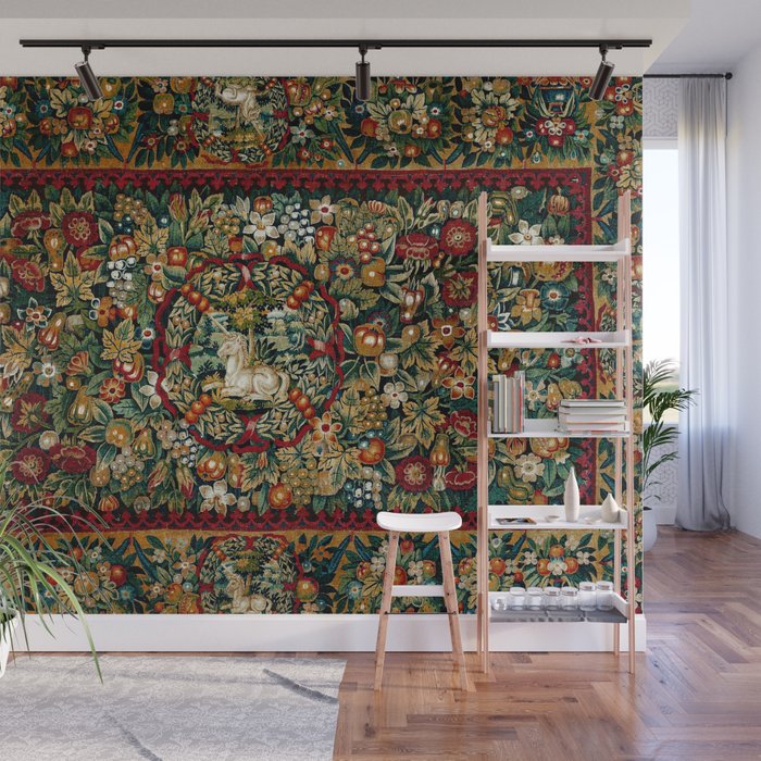 Medieval Unicorn Midnight Floral Garden Wall Mural Gallery Image 1