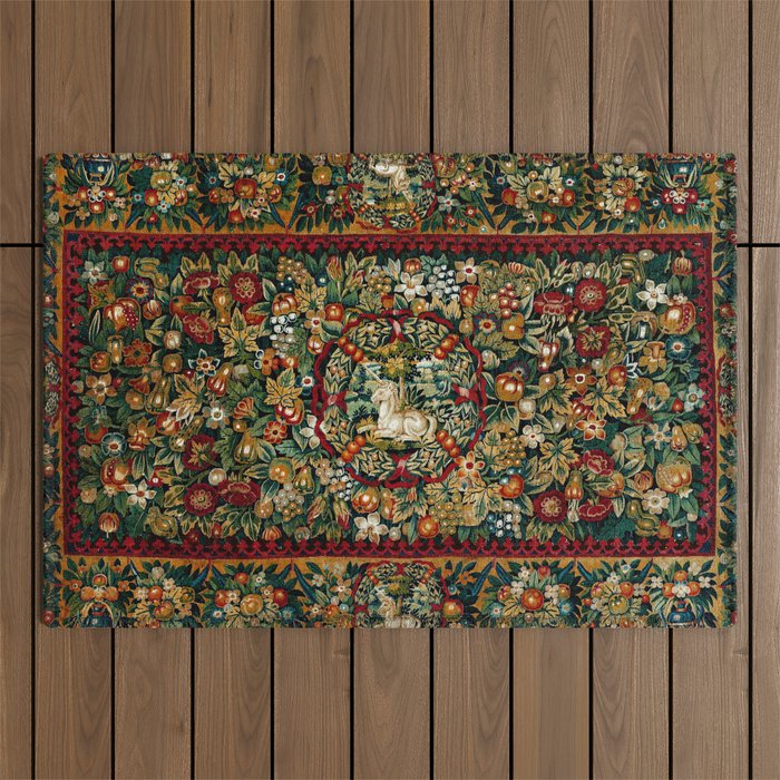 Medieval Unicorn Midnight Floral Garden Outdoor Rug Gallery Image 1