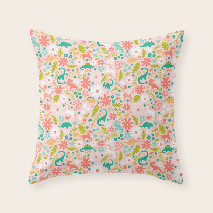 Dinosaurs + Unicorns in Pink + Teal Throw Pillow Gallery Image 1