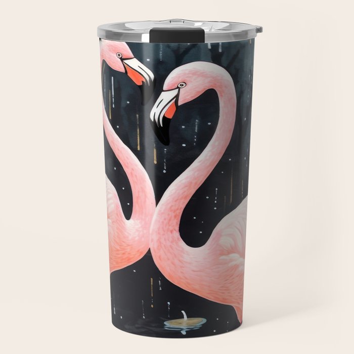 Pink Flamingos Pair In The Teal Rain Travel Mug Gallery Image 1