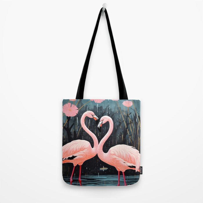 Pink Flamingos Pair In The Teal Rain Tote Bag Gallery Image 2