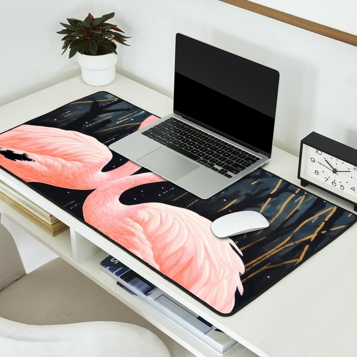 Pink Flamingos Pair In The Teal Rain Desk Mat Gallery Image 2