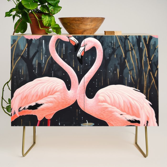 Pink Flamingos Pair In The Teal Rain Credenza Gallery Image 1