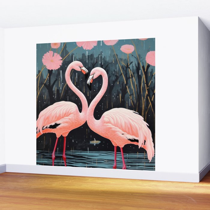 Pink Flamingos Pair In The Teal Rain Wall Mural Gallery Image 2