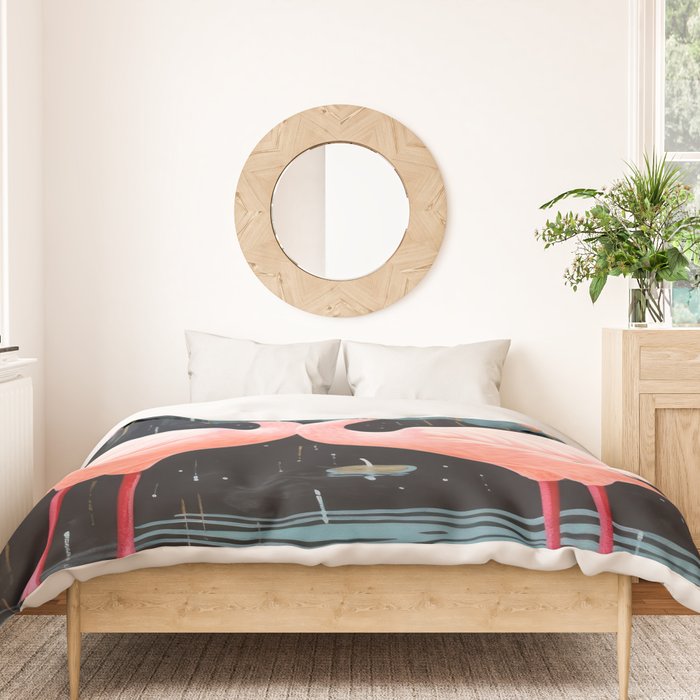 Pink Flamingos Pair In The Teal Rain Duvet Cover Gallery Image 3