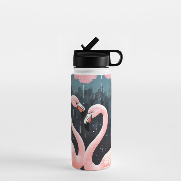 Pink Flamingos Pair In The Teal Rain Water Bottle Gallery Image 1