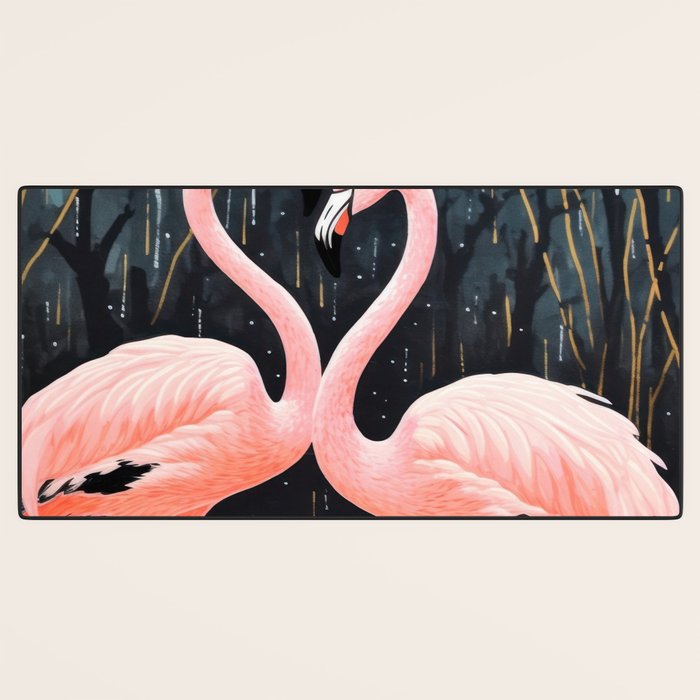 Pink Flamingos Pair In The Teal Rain Desk Mat Gallery Image 3