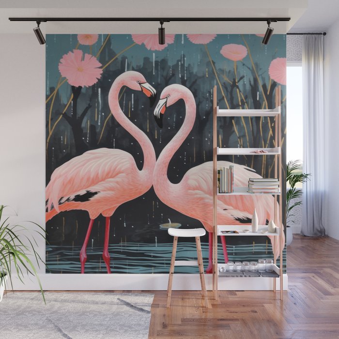 Pink Flamingos Pair In The Teal Rain Wall Mural Gallery Image 1
