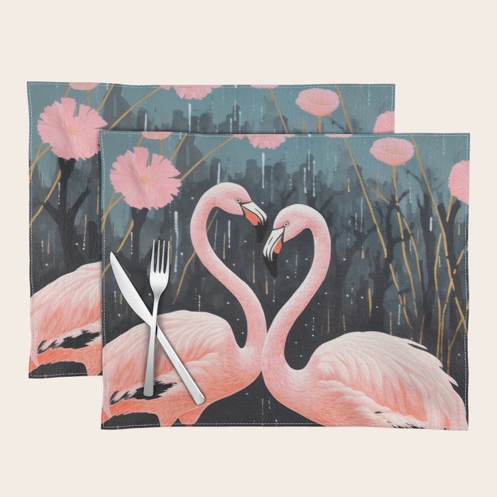 Pink Flamingos Pair In The Teal Rain Placemat Gallery Image 1