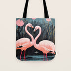 Pink Flamingos Pair In The Teal Rain Tote Bag Gallery Image 1