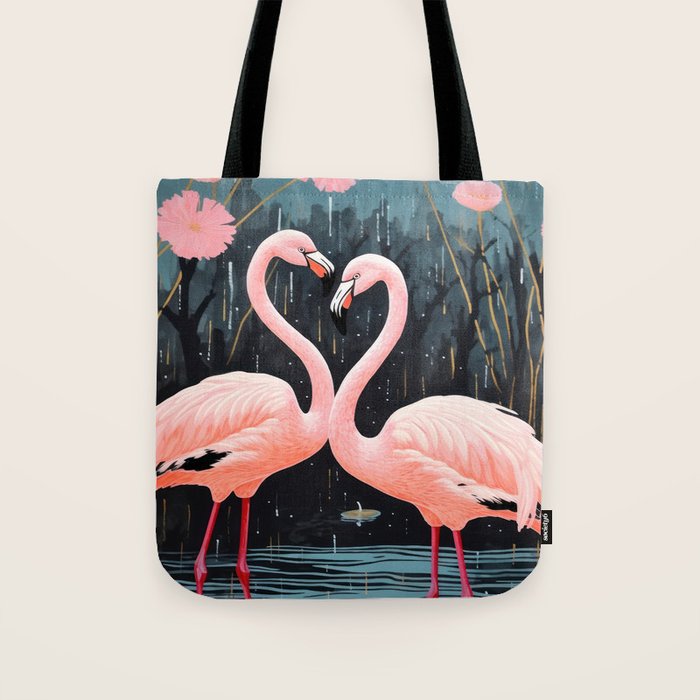 Pink Flamingos Pair In The Teal Rain Tote Bag Gallery Image 1