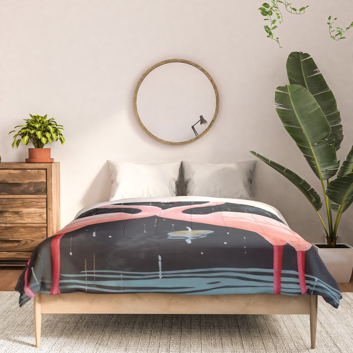 Pink Flamingos Pair In The Teal Rain Comforter Gallery Image 3