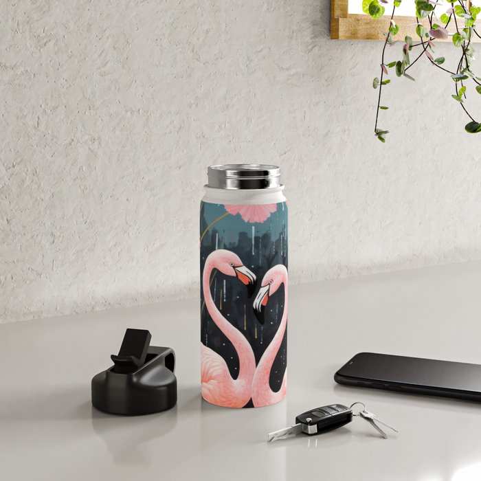 Pink Flamingos Pair In The Teal Rain Water Bottle Gallery Image 4