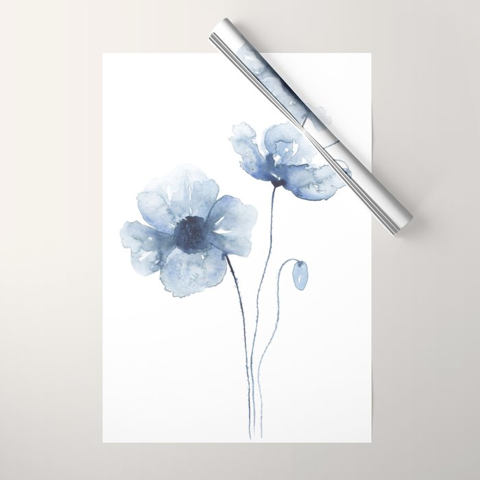 Blue Watercolor Poppies Wrapping Paper Gallery Image 1