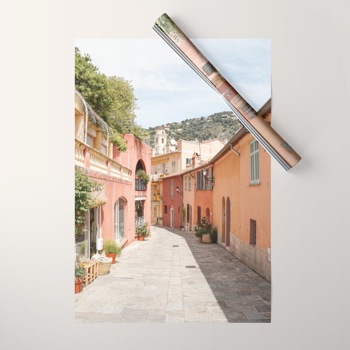 Pastel Color Street In Villefranche Sur Mer, France Photo | Summer Travel Photography Art Print | Colorful Houses In Europe Wrapping Paper Gallery Image 1