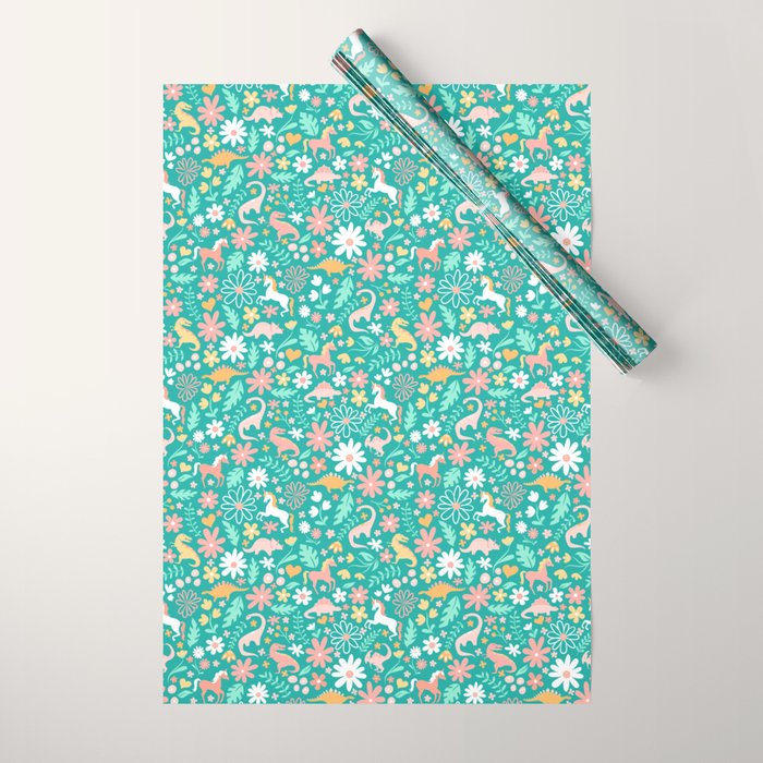 Dinosaurs + Unicorns on Teal Wrapping Paper Gallery Image 1