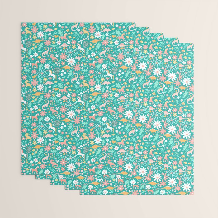 Dinosaurs + Unicorns on Teal Wrapping Paper Gallery Image 3