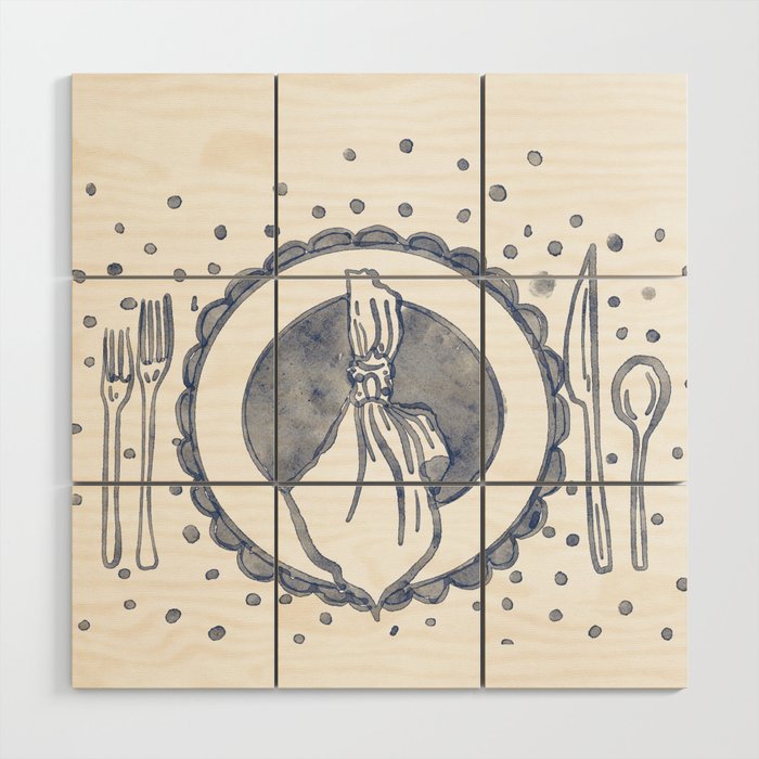 EElegant Blue Table Setting Illustration Wood Wall Art Gallery Image 1