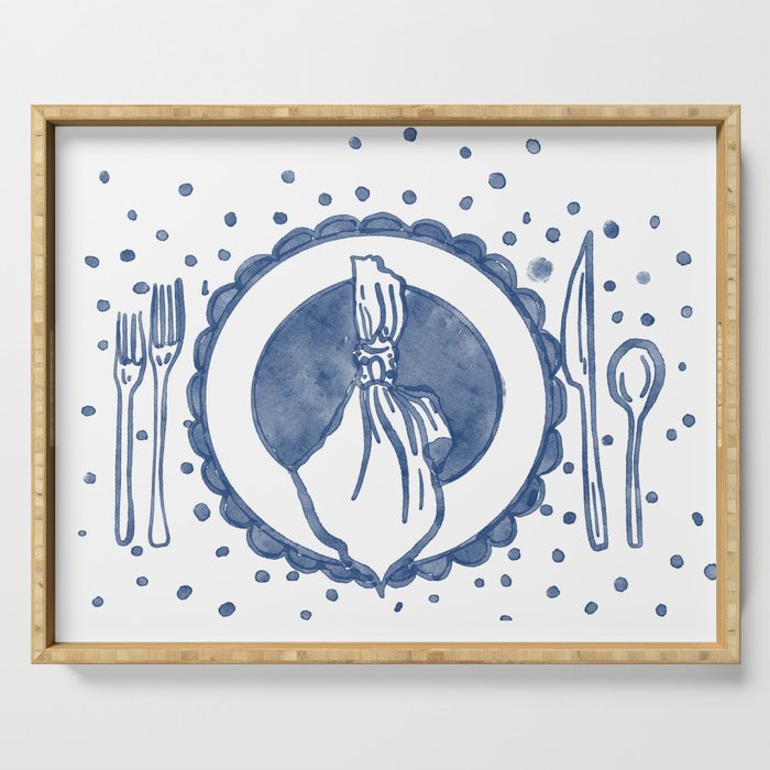 EElegant Blue Table Setting Illustration Serving Tray Gallery Image 1