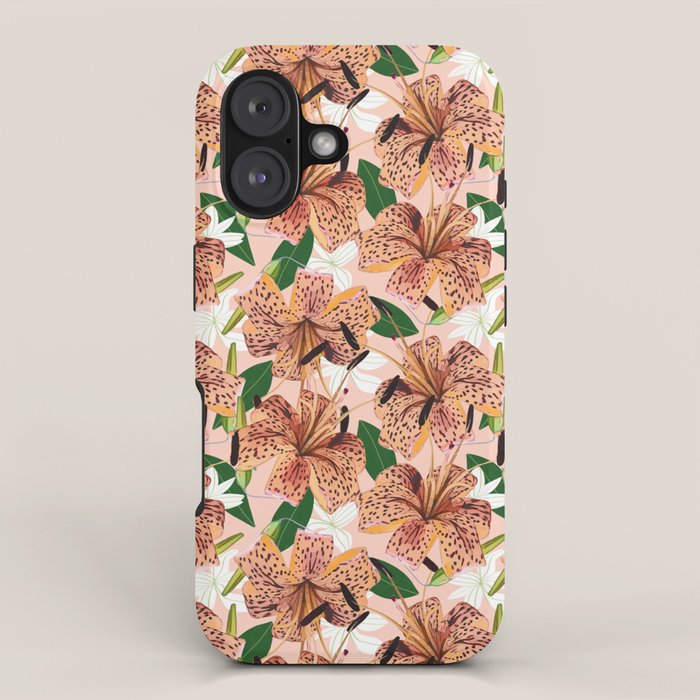 Tiger Lillies, Tropical Blush Botanical Illustration, Polka Dots Nature Vibrant Floral Jungle iPhone Case Gallery Image 1