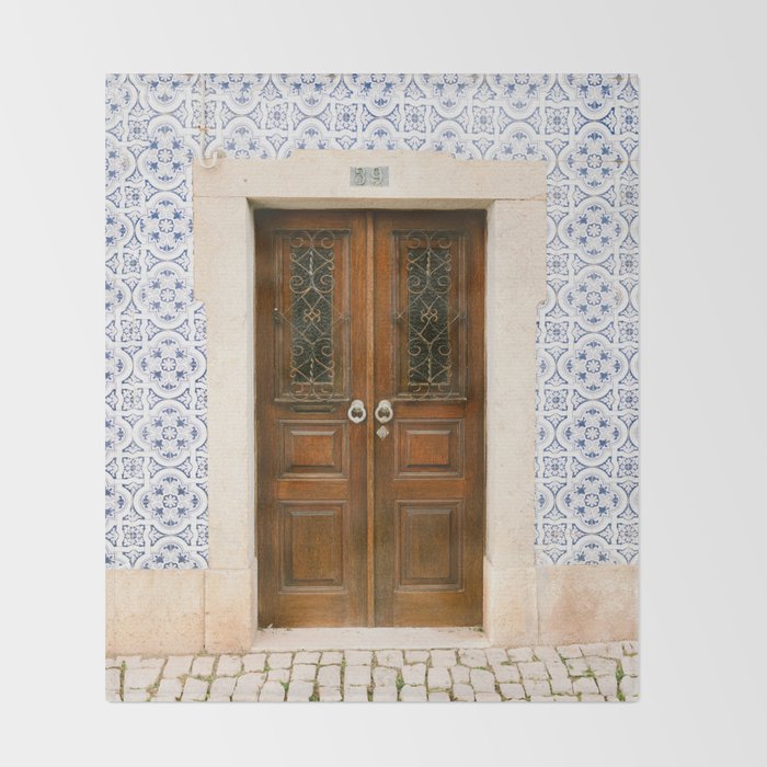 Ericeira door | Portugal travel photography print | Pastel wanderlust vibes  Throw Blanket Gallery Image 2
